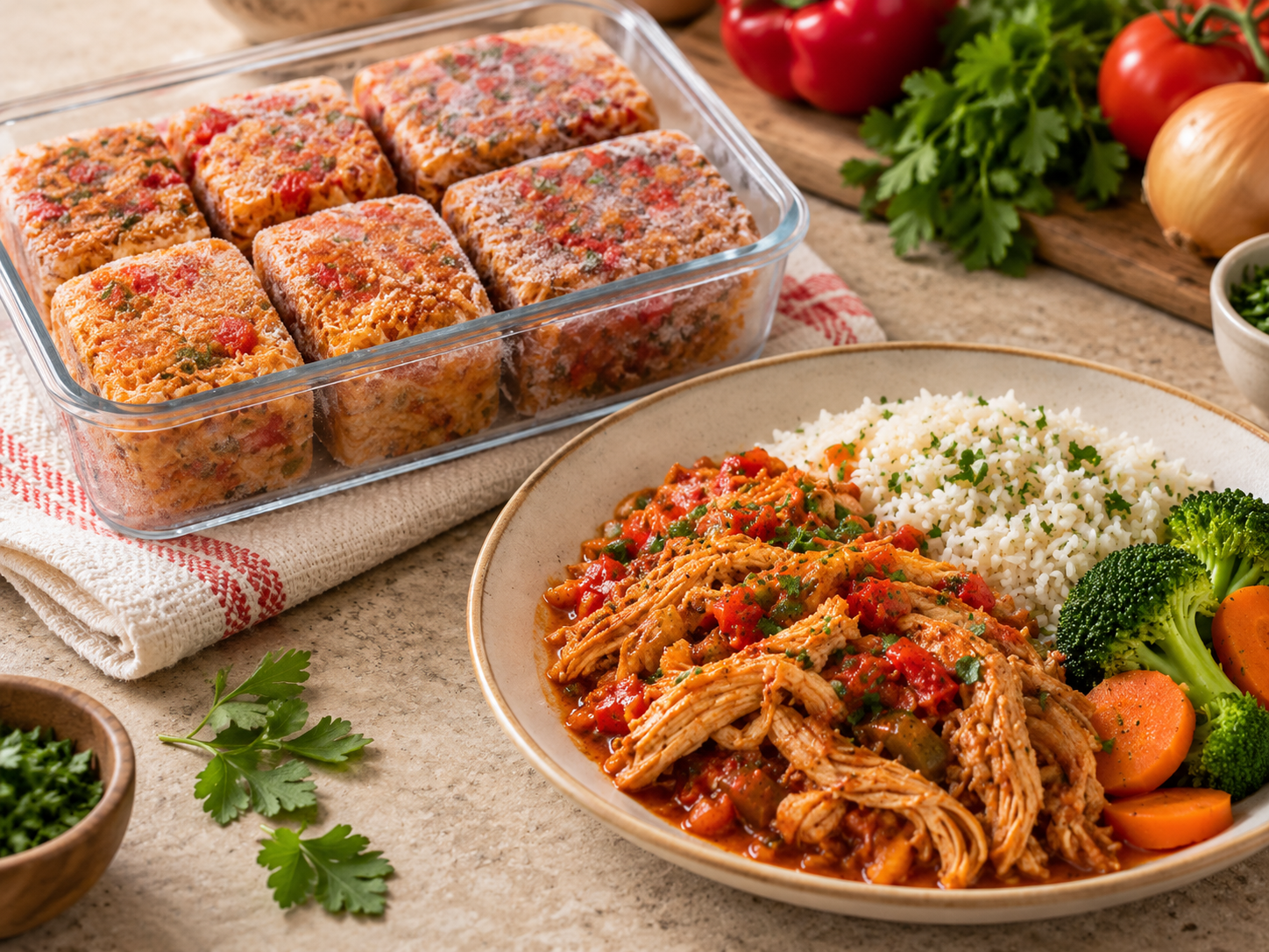 Frango e Carnes: blocos congelados e prato terminado de Frango Desfiado em Molho