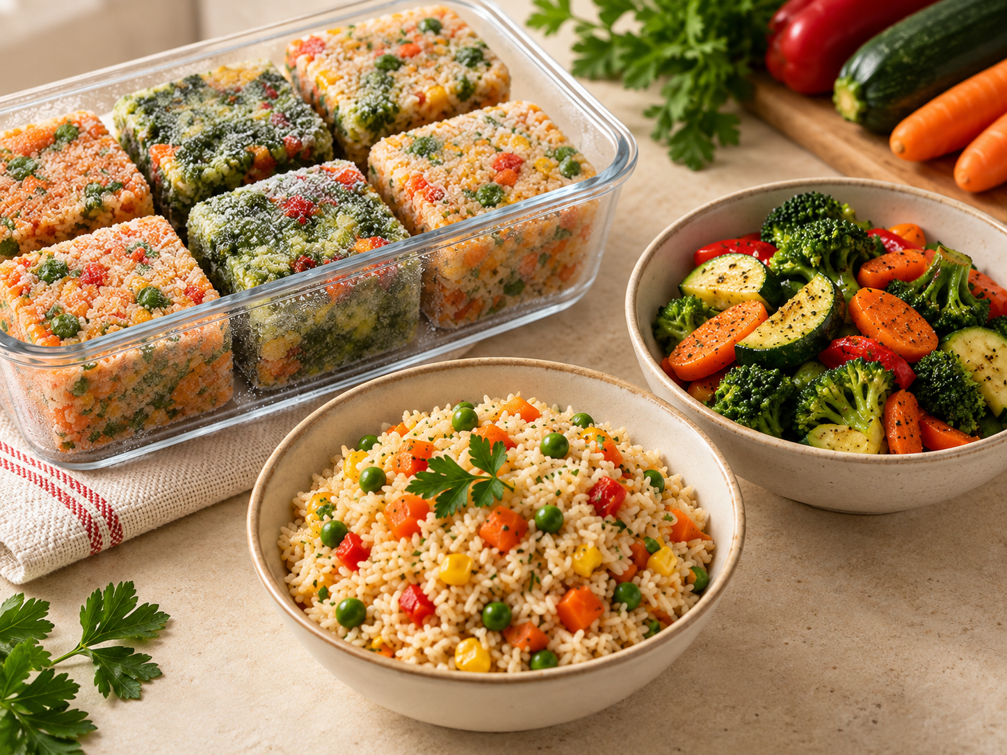 Legumes e Acompanhamentos: blocos congelados e prato terminado de Arroz com Legumes