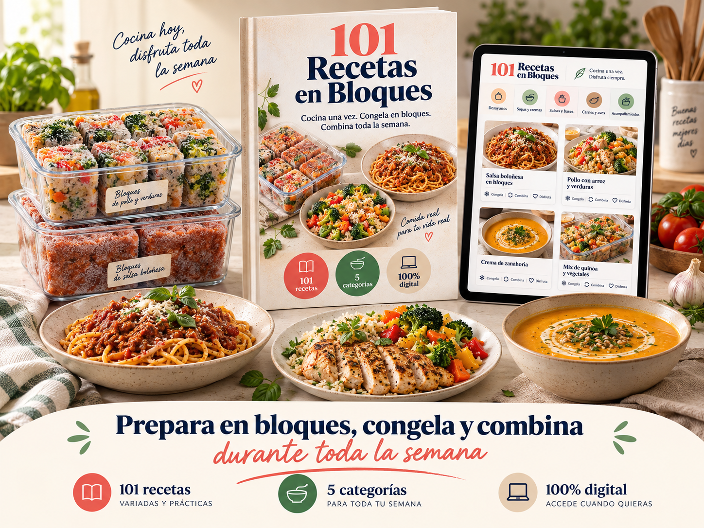 Mockup do produto 101 Receitas em Blocos com livro, tablet e refeições preparadas em porções congeladas