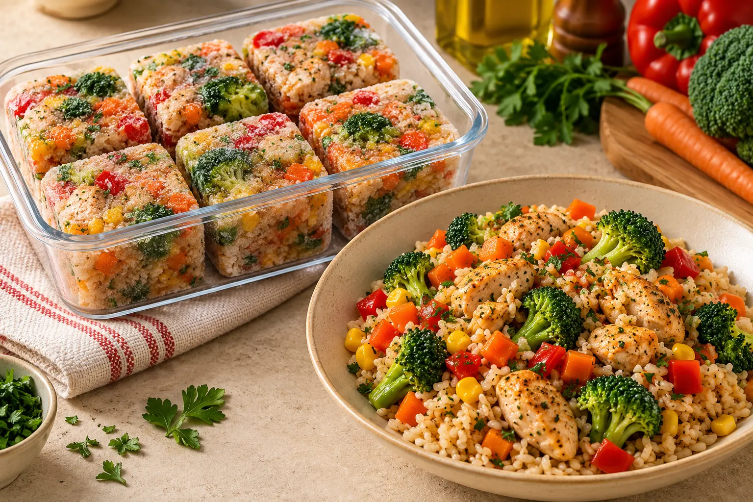 Refeições Completas: blocos congelados e prato terminado de Frango com Arroz e Legumes