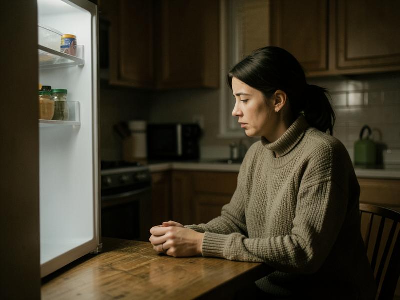 Mulher cansada em frente ao frigorífico a pensar no que cozinhar