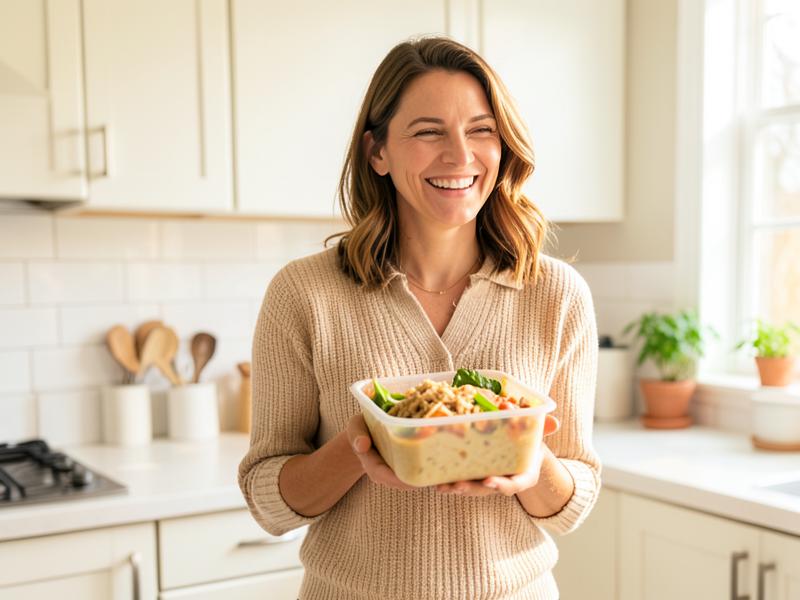 Mulher sorridente numa cozinha organizada a segurar uma porção de comida preparada